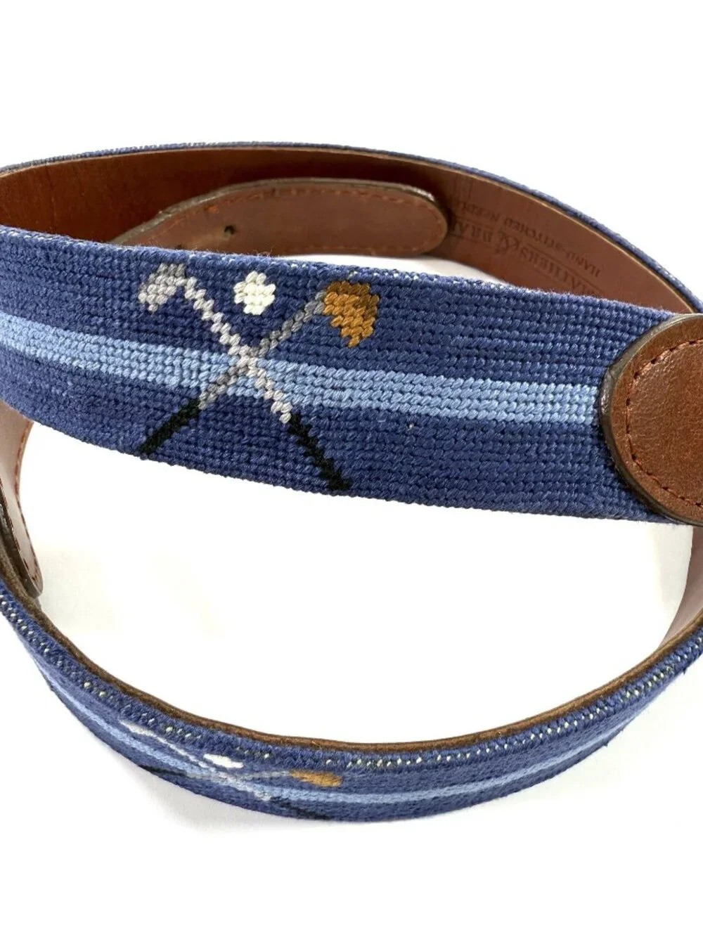 Smathers & Branson Crossed Clubs Needlepoint Golf Belt Navy Sz 32 Hand Stitched